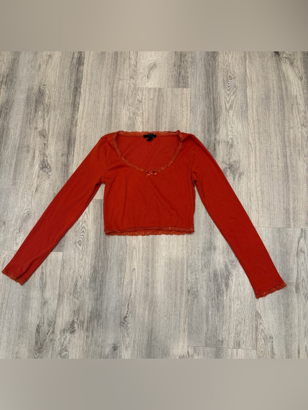 Forever 21 Burnt Orange Ribbed Lace Trim Crop Top Size Large Y2K